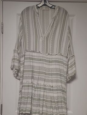 Lightweight White and Sage Striped Boho Dress